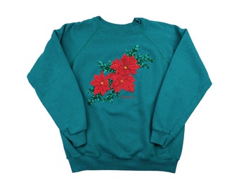 90s Vintage POINSETTIA Sweatshirt Christmas Poinsettias Puff Print Graphic Raglan Sweatshirt Holiday Teal Pullover Sweatshirt Women's Large