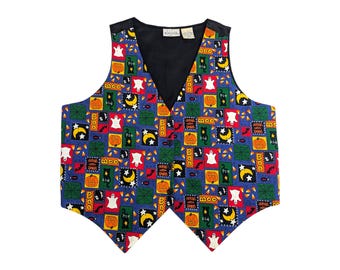 90s Vintage Halloween Vest: Pumpkin, Ghost Print, Size XL