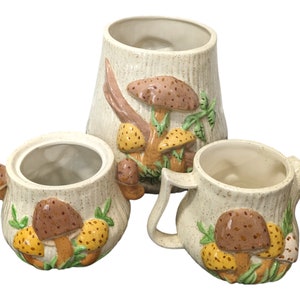 70s Vintage MUSHROOM Set Arnel's Mushroom 3 Piece Set Kitchen Canister Sugar Creamer Hand Painted Ceramic Planter Vase *No Lids