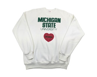 90s Vintage MSU Sweatshirt Michigan State University Grandma Embroidered Floral Heart White Pullover Raglan Size Large