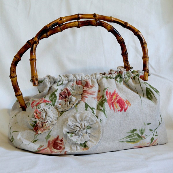 OOAK floral linen handbag with vintage bamboo handles