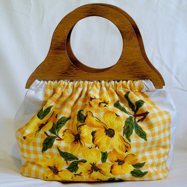 Sunshine yellow, floral linen handbag with vintage timber handles, OOAK