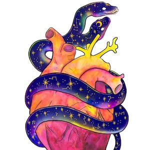 Asclepius&#39;s Heart (twin headed snake, anatomical heart, stars, celestial, moon, sun, constellations, magic, occult, medicine, holographic)