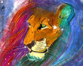 The Night's Soul (animals, wild, watercolor, art, big cats, cats, kitties, vibrant colors, colorful, paint, wildlife)