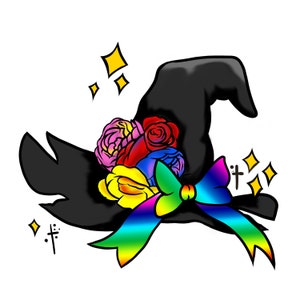 May include: A black witch hat with a rainbow bow and colorful flowers. The hat is decorated with a cluster of red, pink, yellow, and blue flowers. The bow is a gradient of rainbow colors. Gold star accents.