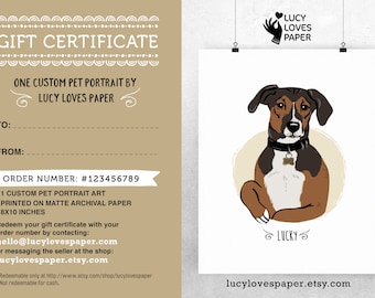 Digital Gift Certificate for Custom Pet Portrait, Last minute gift for Christmas Gift for Pet illustration, Dog portrait, Cat Portrait,