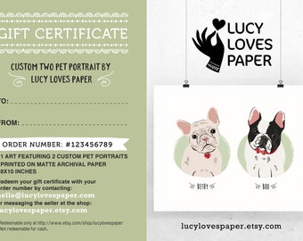 Digital Gift Certificate for Custom Pet Portraits, Last minute Christmas Gift for Dog Lover, Pet illustration, Dog portrait, Cat Portrait