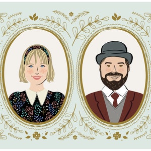 Custom Couples Portrait Illustration, Custom Christmas gift, Unique Anniversary Gift, Vintage Style Portrait, Portrait drawing,