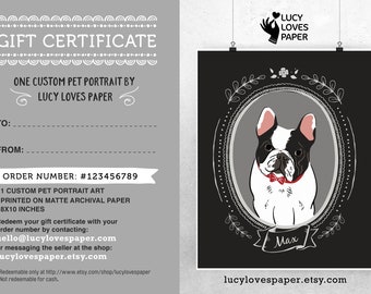 Digital Gift Certificate for Custom Pet Portrait, Last minute Christmas Gift for Dog Lover, Pet illustration, Dog portrait, Cat Portrait