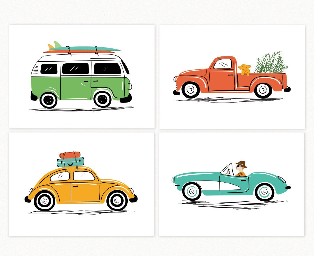 Vintage Car Art prints Art Print Set of 4 car illustrations Etsy