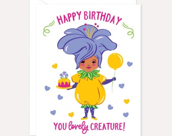 Lovely Creature Birthday Card, Cute And Quirky Happy Birthday, Funny Kawaii Birthday, Flower FairyCard