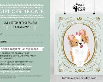 Digital Gift Certificate for custom Pet Portrait , Last minute Christmas gift for Dog Lover, Pet illustration, Dog portrait, Cat Portrait
