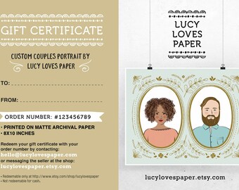Digital Gift Certificate, Custom Portrait illustration by Lucy Loves Paper, Couple portrait from photo, Last Minute gift, Christmas gift