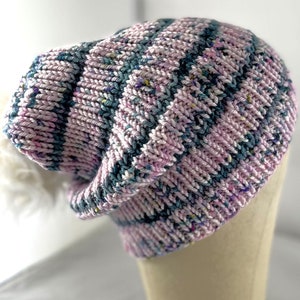 Hat with Pom - SALLY Slouch Hat 551 Faux Fur Pom - Hand Knit Pink Lavender Teal White Merino Wool 18-28&quot;A x 10&quot;H Hand Wash