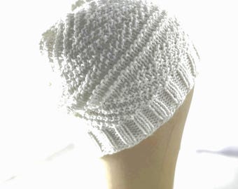 Hand Knit White Beanie – Ribbed Acrylic Hat