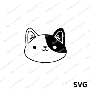 May include: Black and white cartoon illustration of a cat's face with large eyes and a small nose.