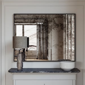 Antique framed Mirror.  Wall mirror with antiqued glass mirror & black frame. Frame can be made in 1/2&quot; or 1/4&quot; Large decorative wall mirror
