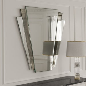Art Deco Mirror. Fantail style art deco wall mirror with antiqued mirror accent panel. image 4