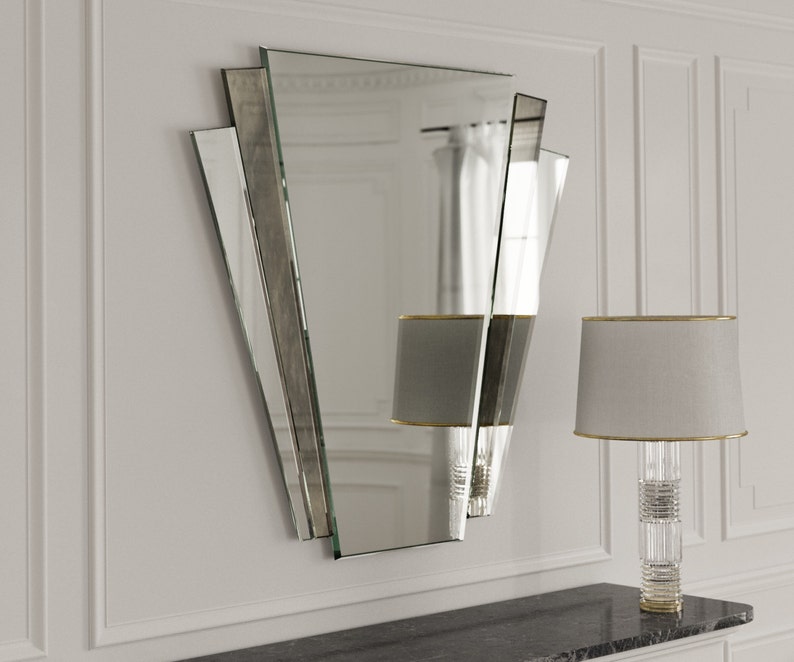 Art Deco Mirror. Fantail style art deco wall mirror with antiqued mirror accent panel. image 4