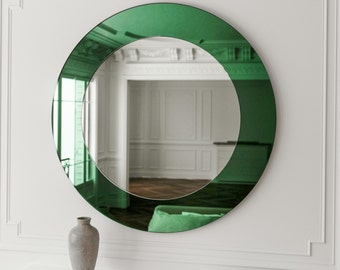 Deco Green Mirror. Art Deco style hanging wall mirror made with handmade green glass. Custom wall decor perfect for a Modern home