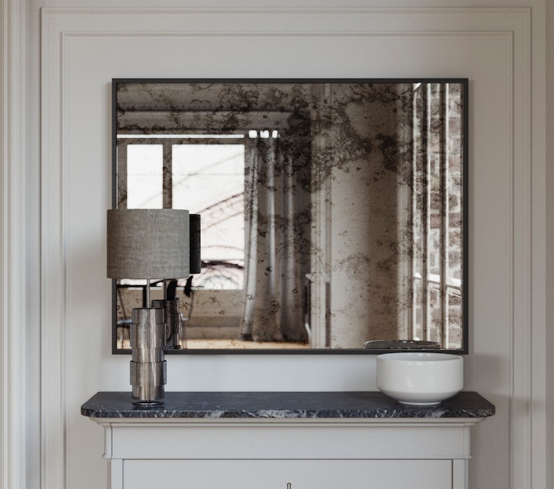 Antique Framed Mirror 1940s 50s And 60s Inspired Wall With Antiqued Glass Black Frame Large Decorative