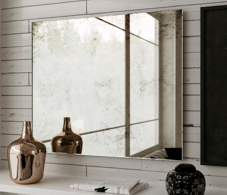 Belgian Antiqued Mirror 24 X 22 Hanging Large Frameless Wall With European Pattern 1940s And 1950s Style