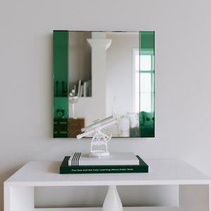 Decorative Wall Mirror. Art Deco wall mirror. Handmade frameless wall mirror with custom green emerald glass mirrored side panels.