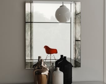 Frameless antiqued mirror. Decorative wall mirror with handmade distressed, smoked glass mirror. Art Deco Wall Mirror.