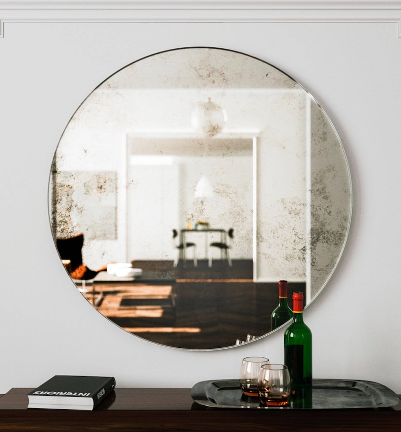 Large Wall Mirror Unique Round Art Deco Hanging Glass 1920s And 1930s Style With Antiqued Frameless