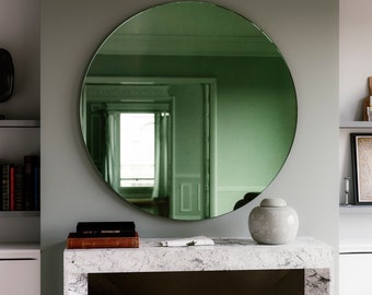 Green Deco mirror.  Diameter round Art Deco Inspired green Wall Mirror. 1920s and 30s inspired furniture.