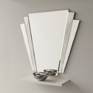 Art Deco Mirror. Fantail style art deco wall mirror with antiqued mirror accent panel.