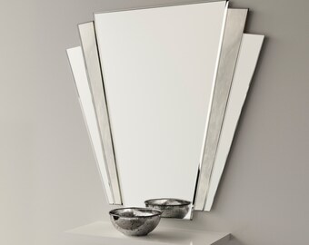 Art Deco Mirror. Fantail style art deco wall mirror with antiqued mirror accent panel.