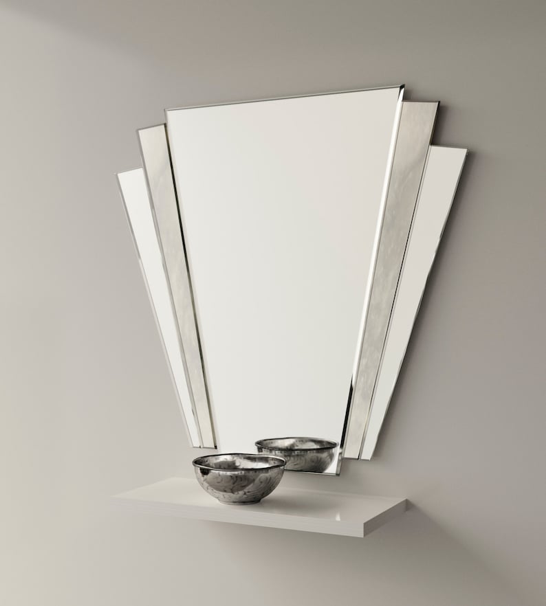 Art Deco Mirror. Fantail style art deco wall mirror with antiqued mirror accent panel. image 1