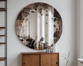 Frameless Antique Mirror. Round hanging wall mirror made with custom antiqued mirror. Frameless mirror perfect for chic interior space.