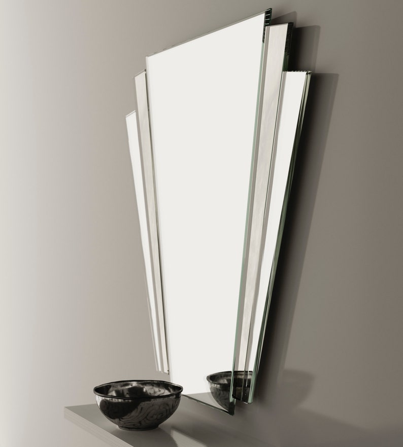 Art Deco Mirror. Fantail style art deco wall mirror with antiqued mirror accent panel. image 2