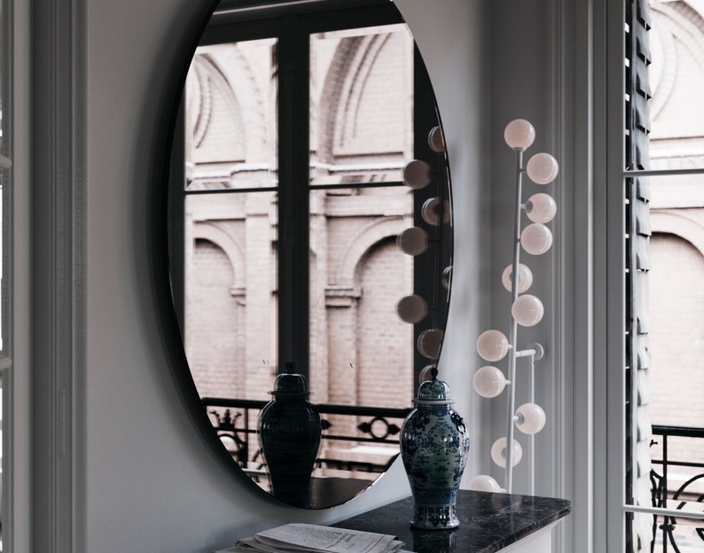 Handmade Black glass wall mirror. Midcentury and Deco Style Black Mirror image 2