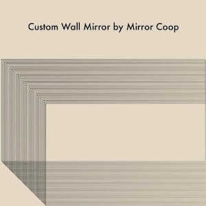 May include: A custom wall mirror with a geometric design made of thin black lines. The mirror is framed by a series of overlapping lines that create a unique and modern look. "Custom Wall Mirror by Mirror Coop" is written in black text at the top of the image.