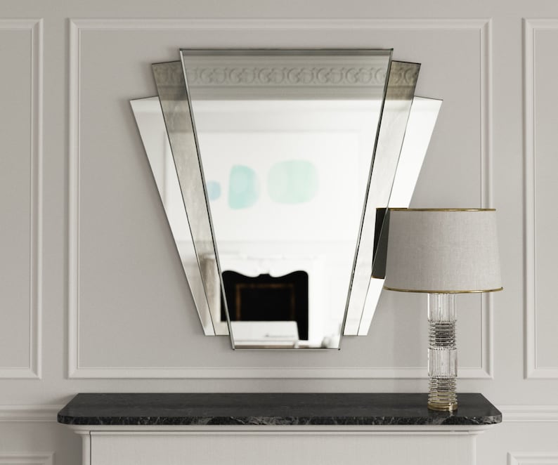 Art Deco Mirror. Fantail style art deco wall mirror with antiqued mirror accent panel. image 3