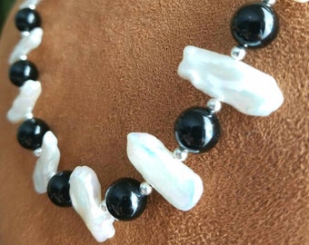 Handmade Onyx & Freshwater Pearl Necklace: Sterling Silver Clasp