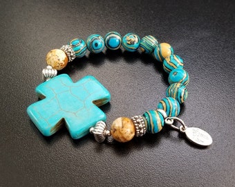 Cross Bracelet, Cross Beaded Bracelet, Cross Jewelry, Handmade Cross Bracelet, Handmade Cross Jewelry, Cross, Bracelet, Turquoise, Women's