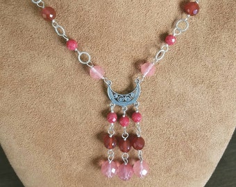 One of Kind Handmade Sterling Silver Gemstone Necklace Earrings Set: Red Coral, Quartz