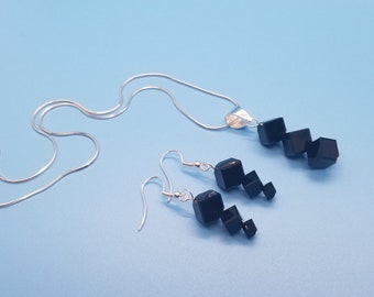Black Swarovski Crystal Pendant Necklace and Earrings: Sterling Silver Jewelry Set