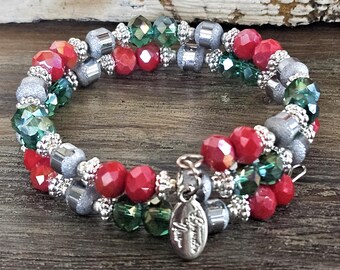 Christmas Bracelet Red Green Silver Handmade Beaded Stretch: Holiday Women's Gift For Her