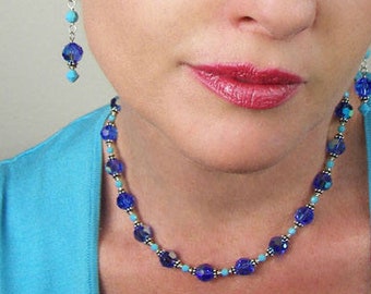 Handmade Blue Swarovski Crystal Necklace Set: Sterling Silver Bali Bead