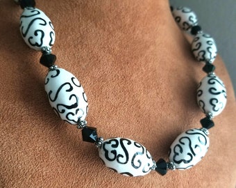 Black and White Statement Necklace Beaded Porcelain Handmade Women's Chunky Boho