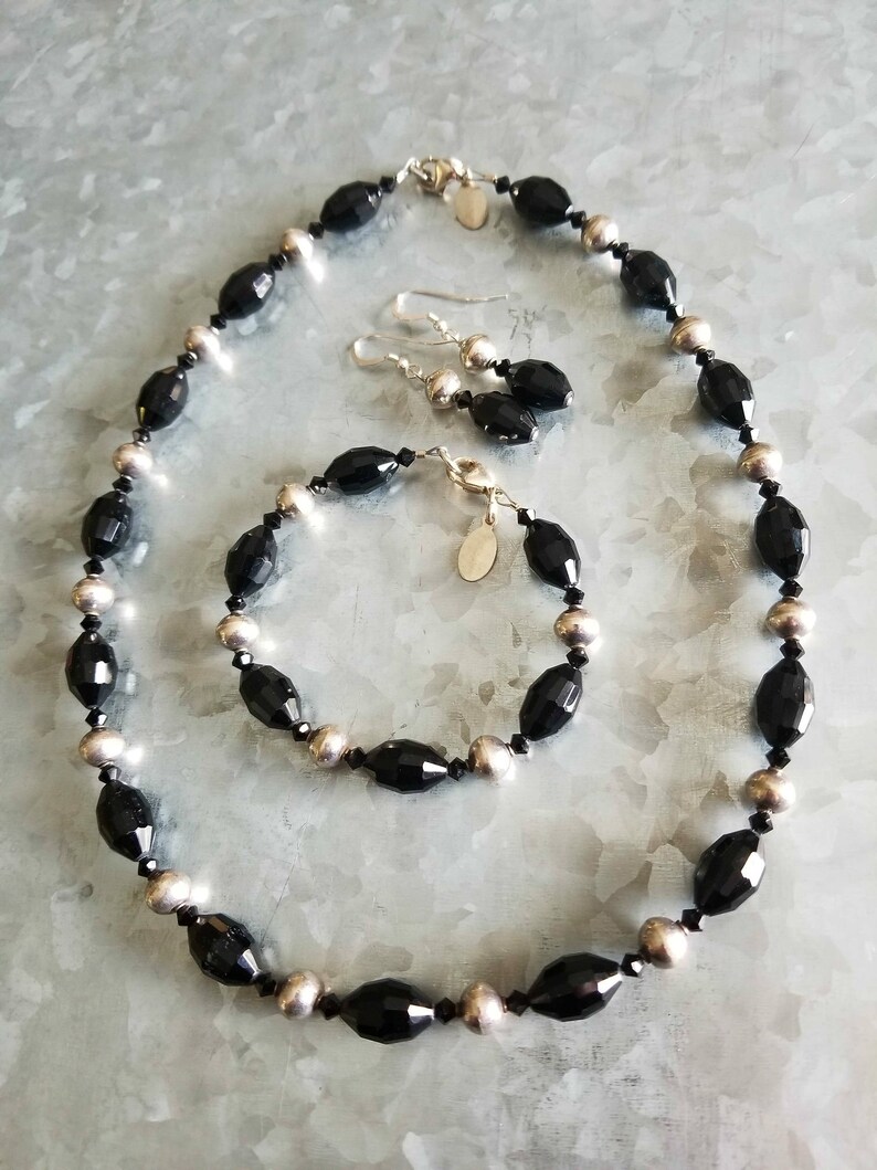 Black Statement Necklace Crystal Career Professional Business Appropriate Jewelry Set Bracelet Earrings Sterling Silver 925 Contemporary