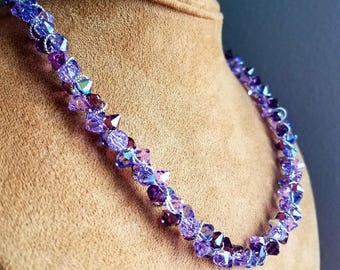 Crystal purple statement necklace earrings set: sterling silver, handmade