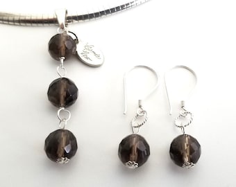 Smoky Quartz Gemstone Pendant Necklace Earrings Beaded Matching Jewelry Set Women's Sterling Silver Brown