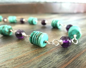 Turquoise Amethyst Necklace Gemstone Handmade Beaded Earrings Sterling Silver Statement Wire Wrapped 925 Southwest Purple Jewelry Women Gift