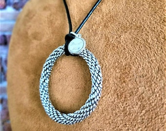 Black Leather Necklace: Silver Ring Pendant, Handmade Jewelry